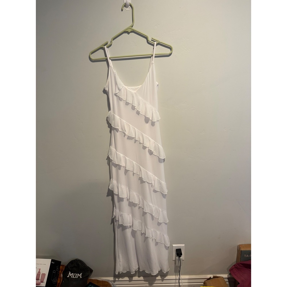 White Tiered Ruffle Maxi Dress Sleeveless V-Neck Adjustable Straps Size Small